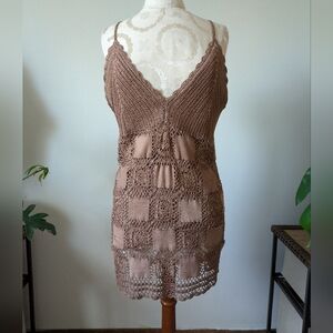 1X Vintage Boho Brown Crochet Sleeveless Tank